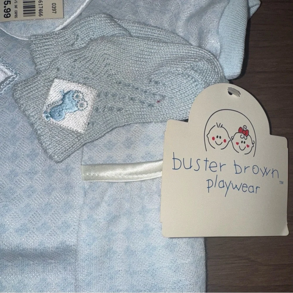 Vintage Buster Brown Boy’s 3/6 Month Blue Romper Set With‎ Socks Embroidered NWT